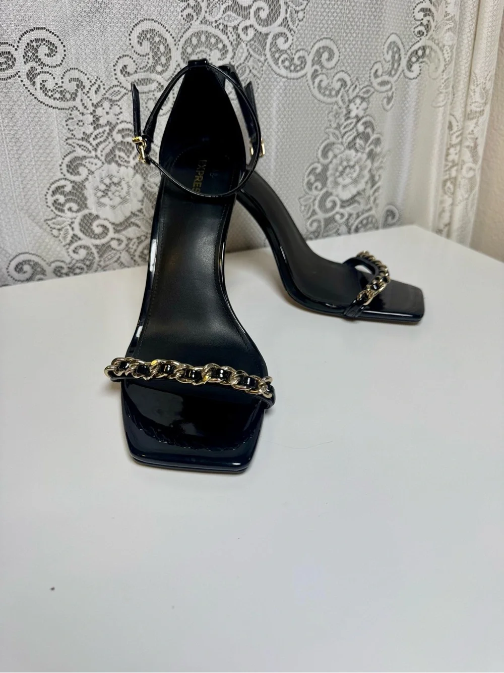 NWOB Express Black Patent Leather Stiletto Heels with Gold Chain Accent, Size 10